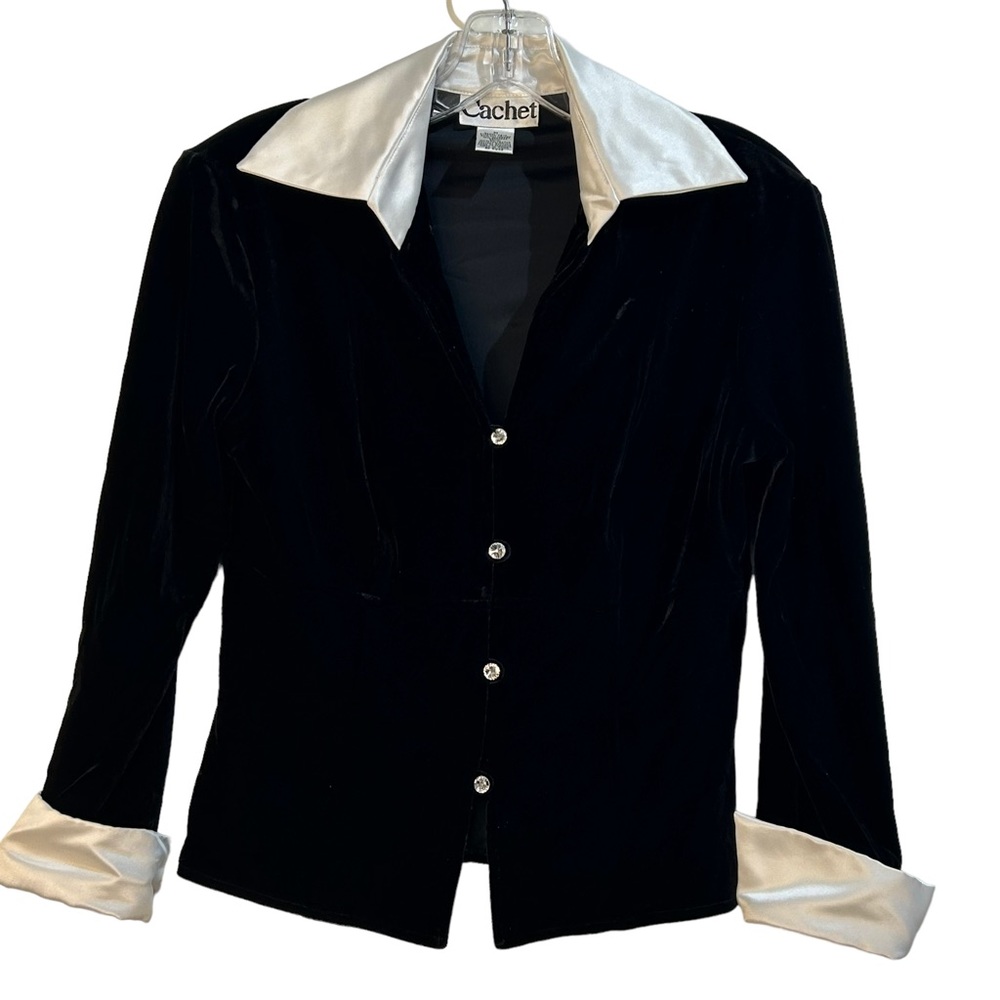 Cachet velvet black and white blouse Size M elegant cocktail attire